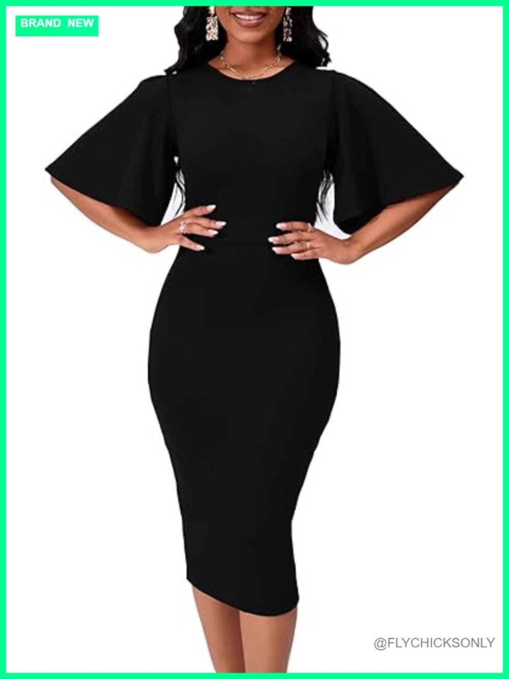 Bodycon Ruffle Flared Short Sleeve Pencil Midi Dress